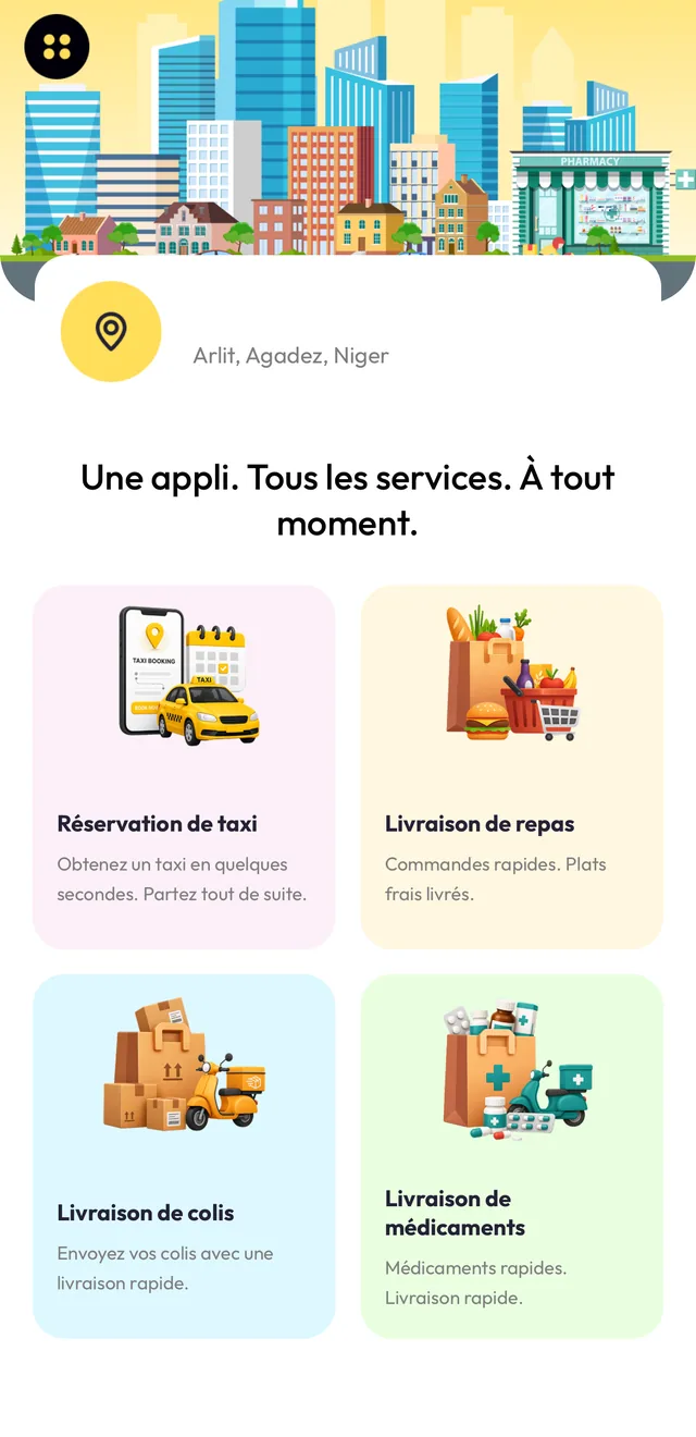 Écran d'accueil de l'application Ankabut : réservation de taxi, livraison de repas, de colis et de médicaments